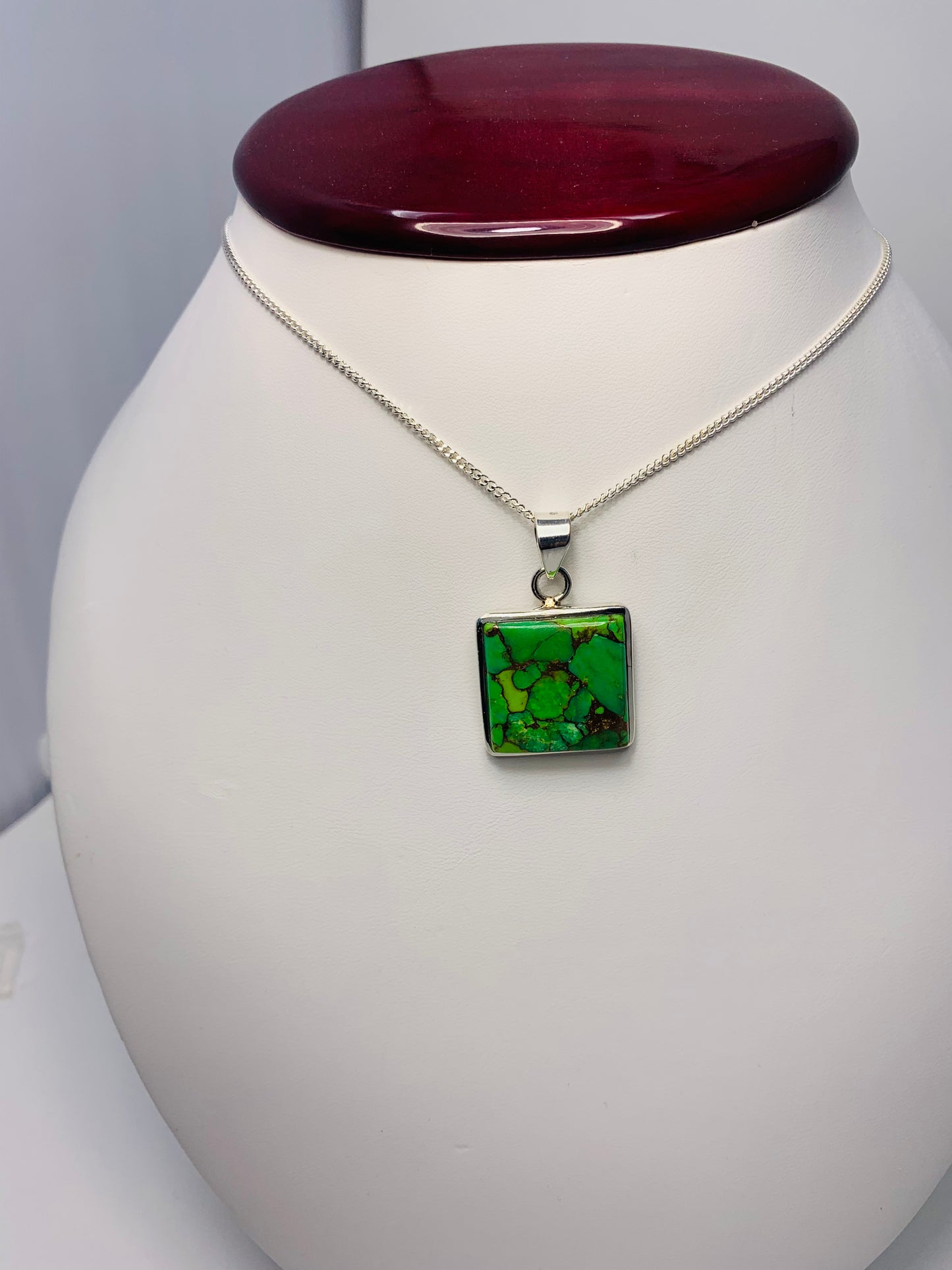 925 Sterling Silver Square Green-Copper Turquoise Pendant