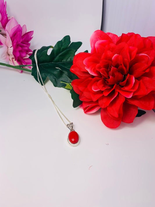 925 Sterling Silver Oval Red Coral Pendant