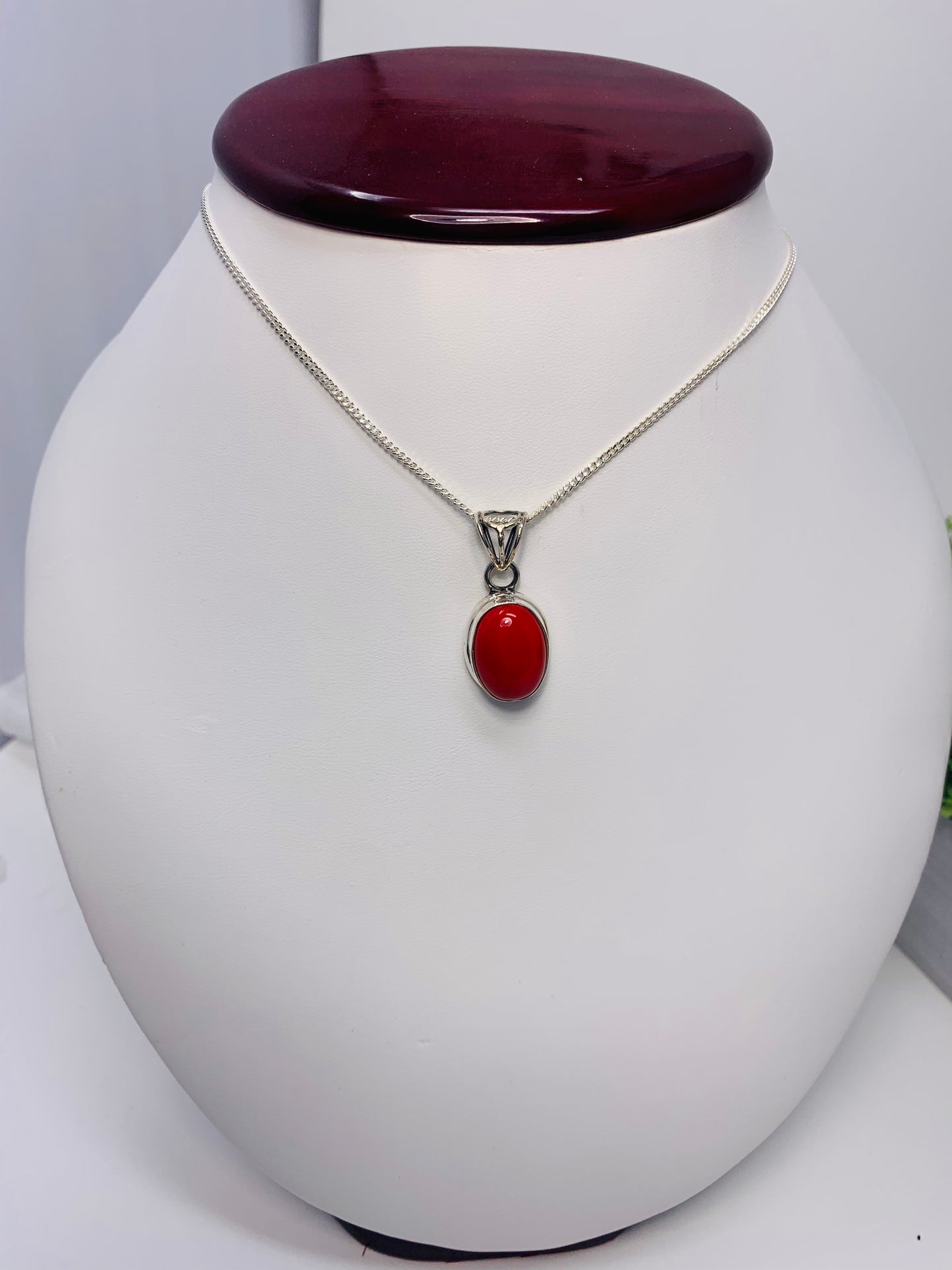 925 Sterling Silver Oval Red Coral Pendant