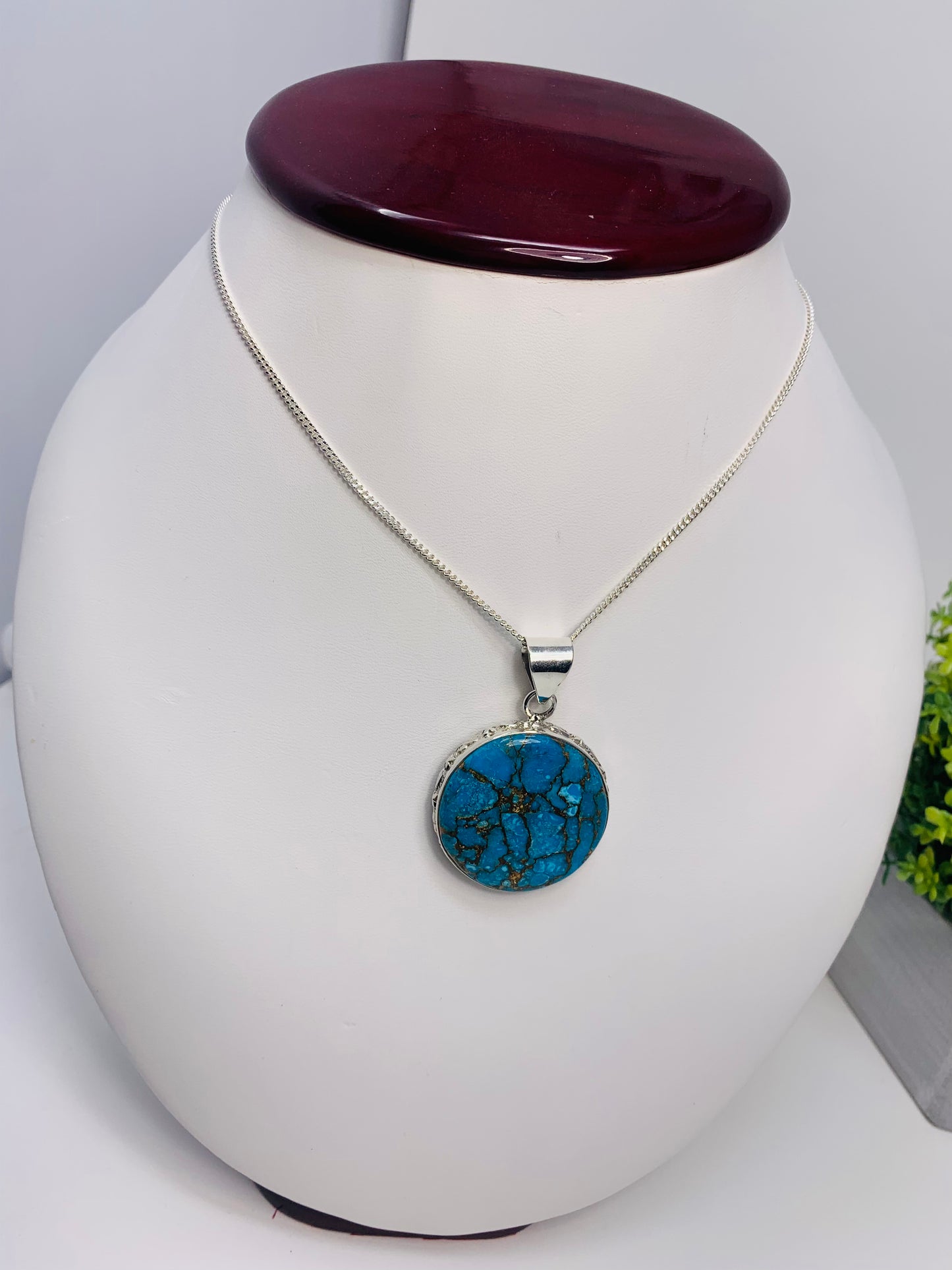 925 Sterling Silver Circle Blue-Copper Turquoise Pendant