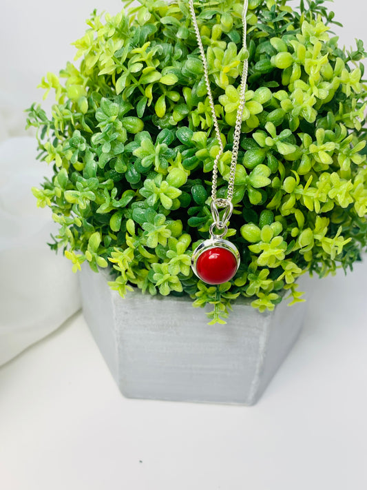 925 Sterling Silver Circle Red Coral Pendant