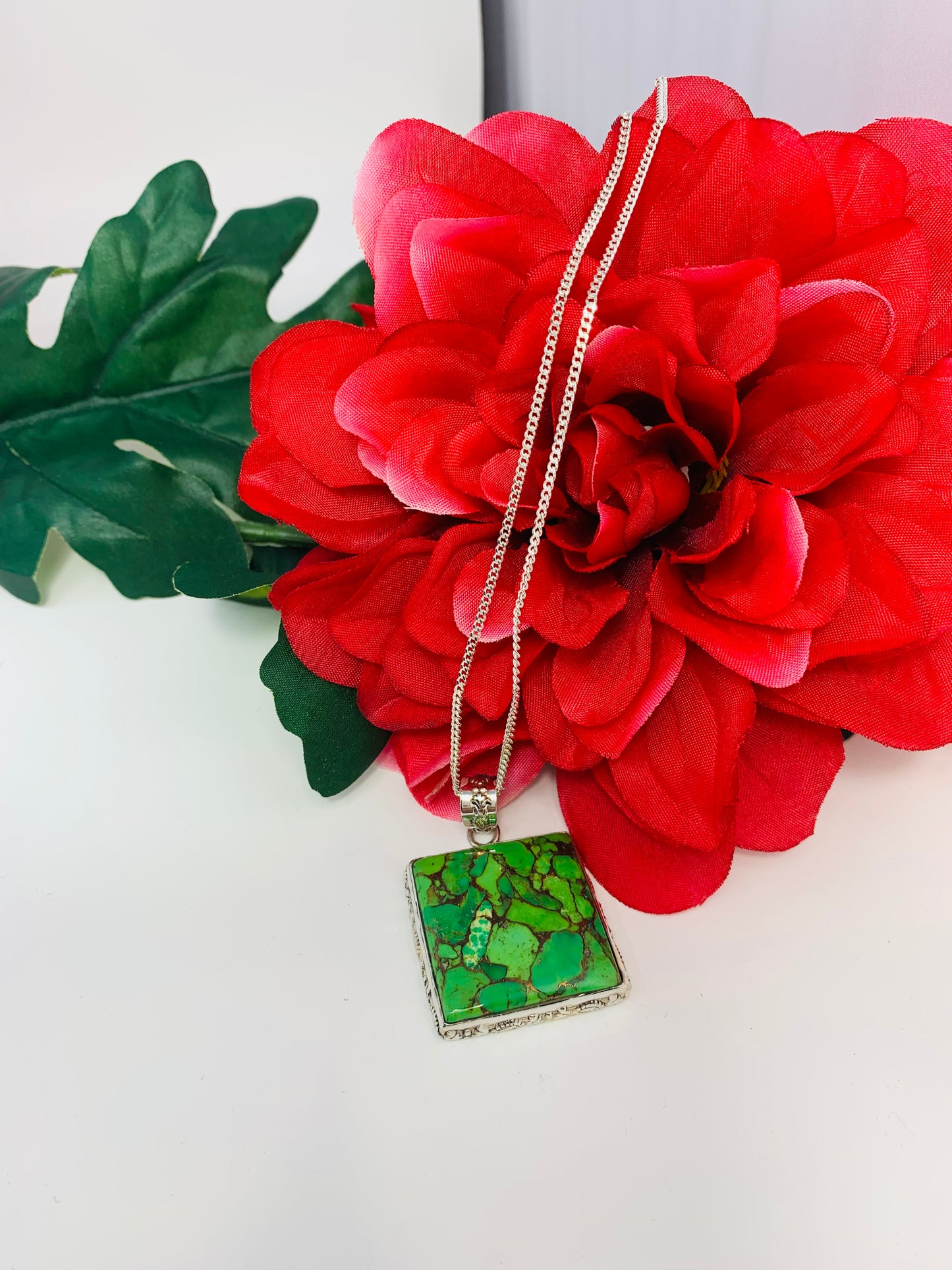 925 Sterling Silver Square Textured Green-Copper Turquoise Pendant