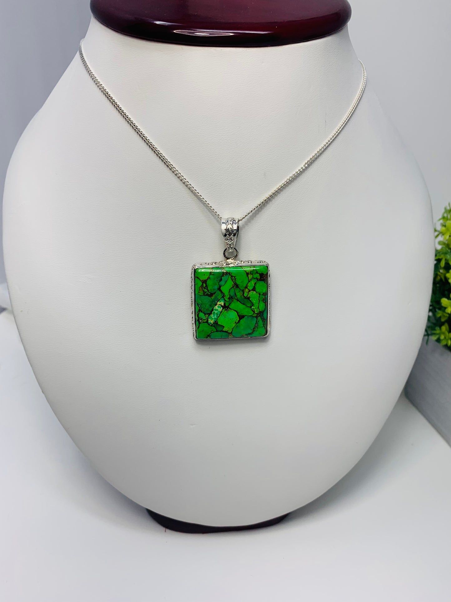 925 Sterling Silver Square Textured Green-Copper Turquoise Pendant