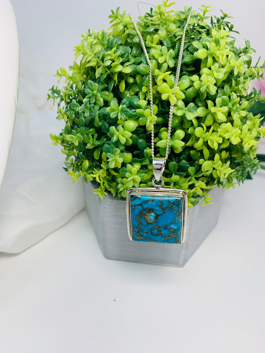 925 Sterling Silver Square Blue-Copper Turquoise Pendant