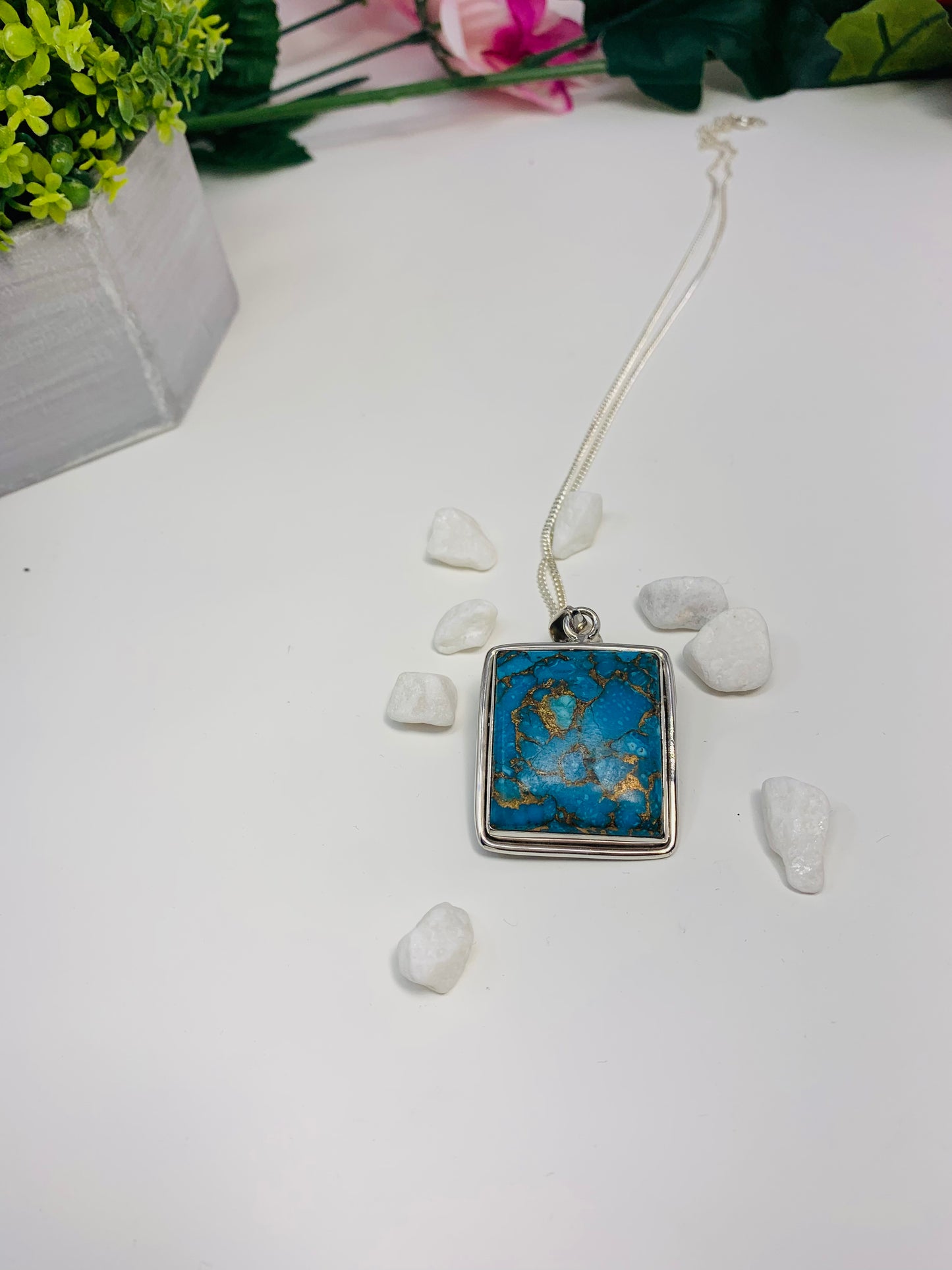 925 Sterling Silver Square Blue-Copper Turquoise Pendant