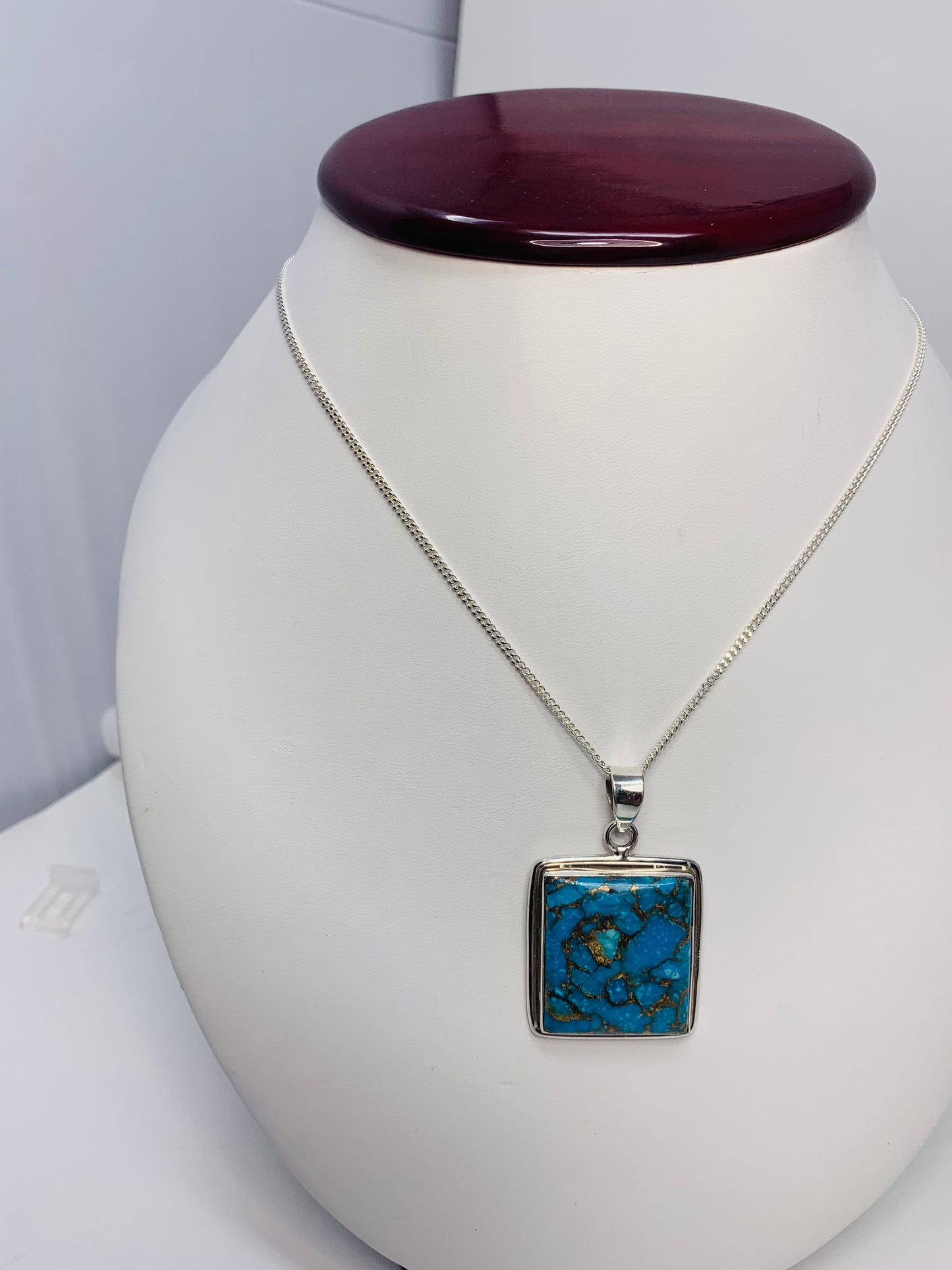 925 Sterling Silver Square Blue-Copper Turquoise Pendant