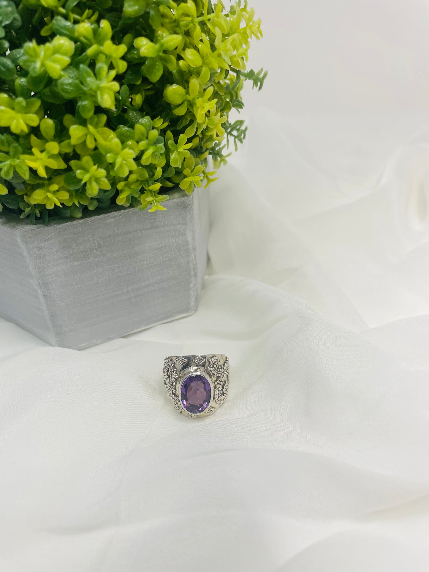 925 Sterling Silver Textured Amethyst Ring