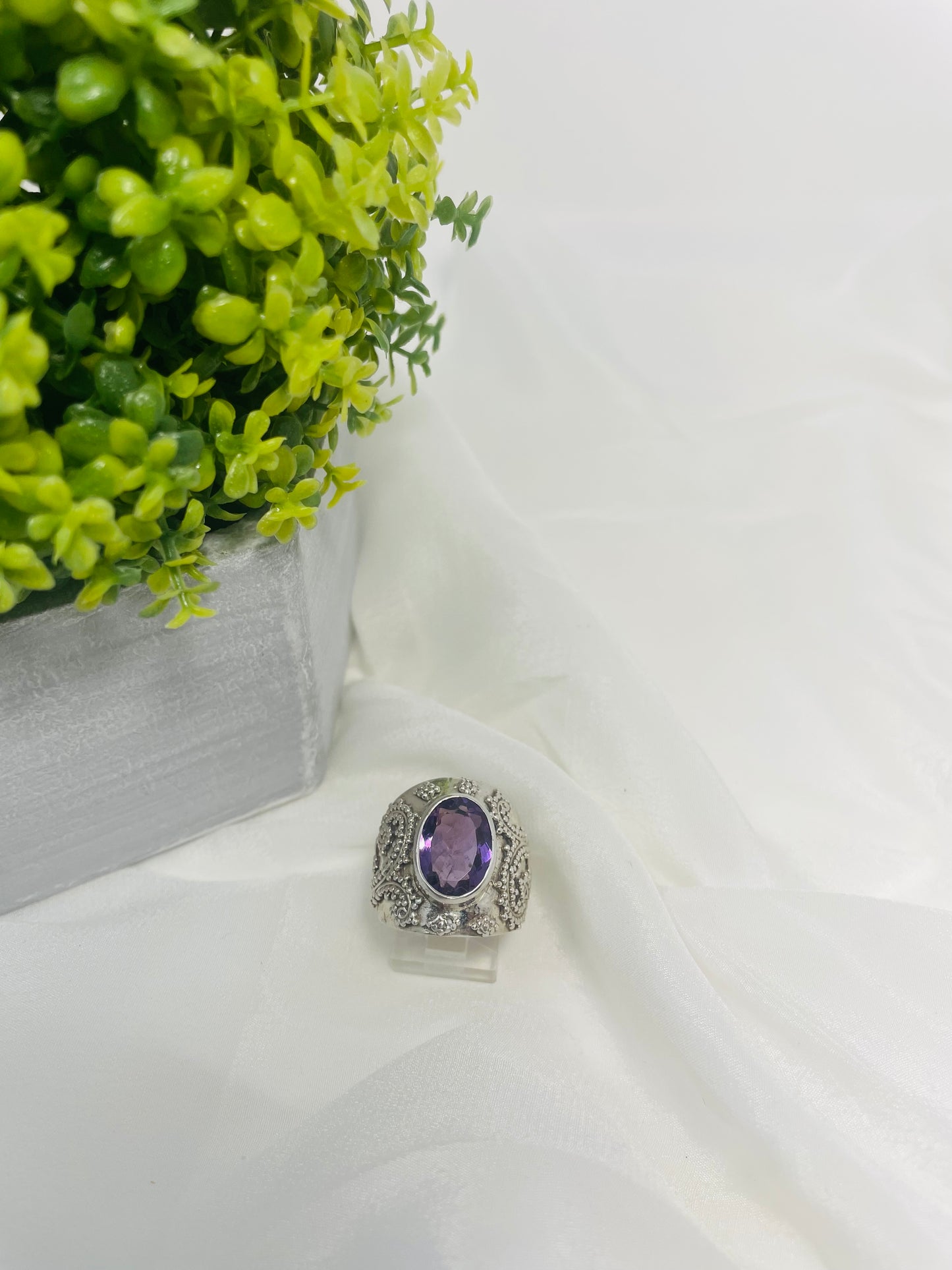 925 Sterling Silver Textured Amethyst Ring