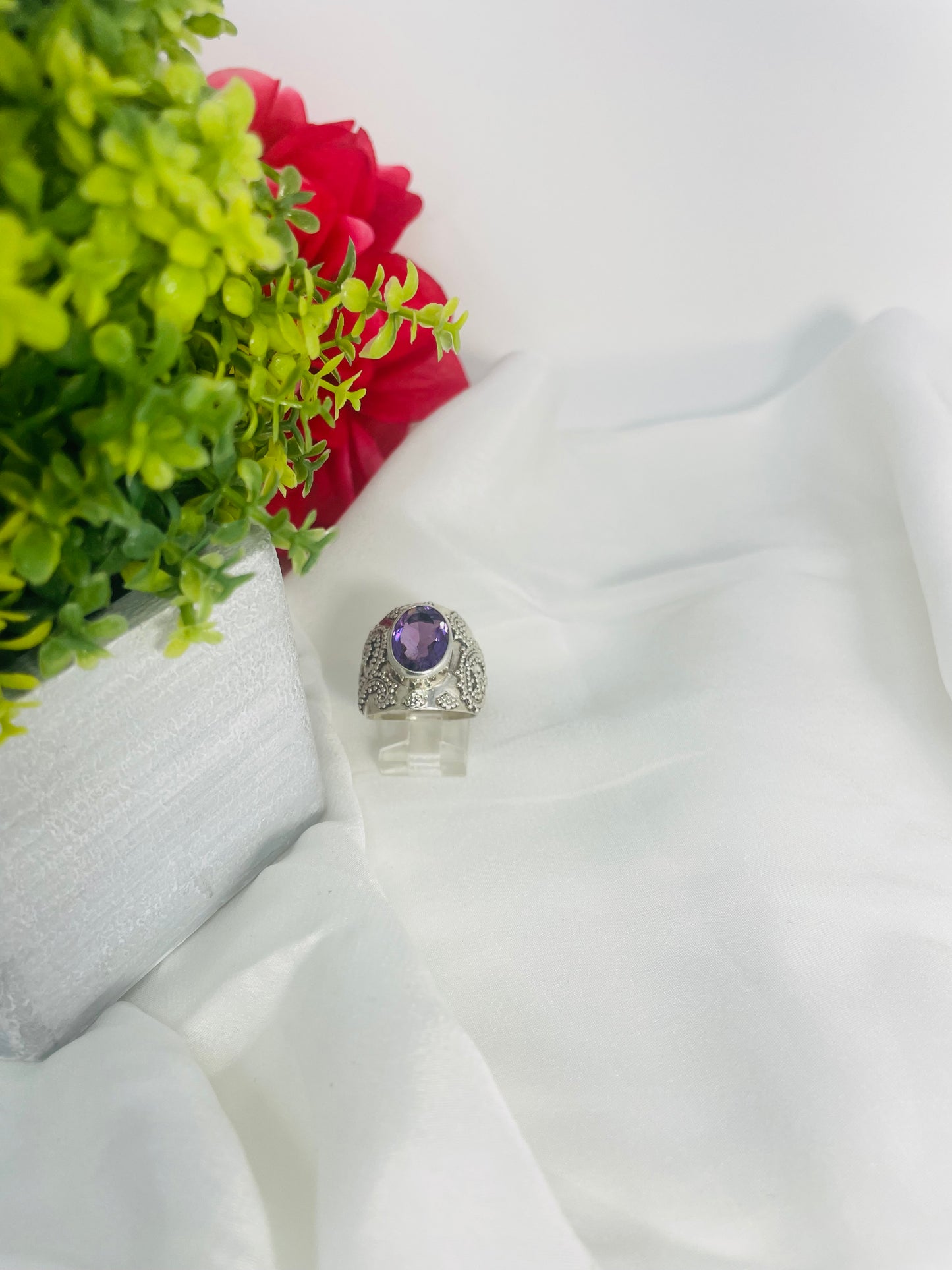 925 Sterling Silver Textured Amethyst Ring