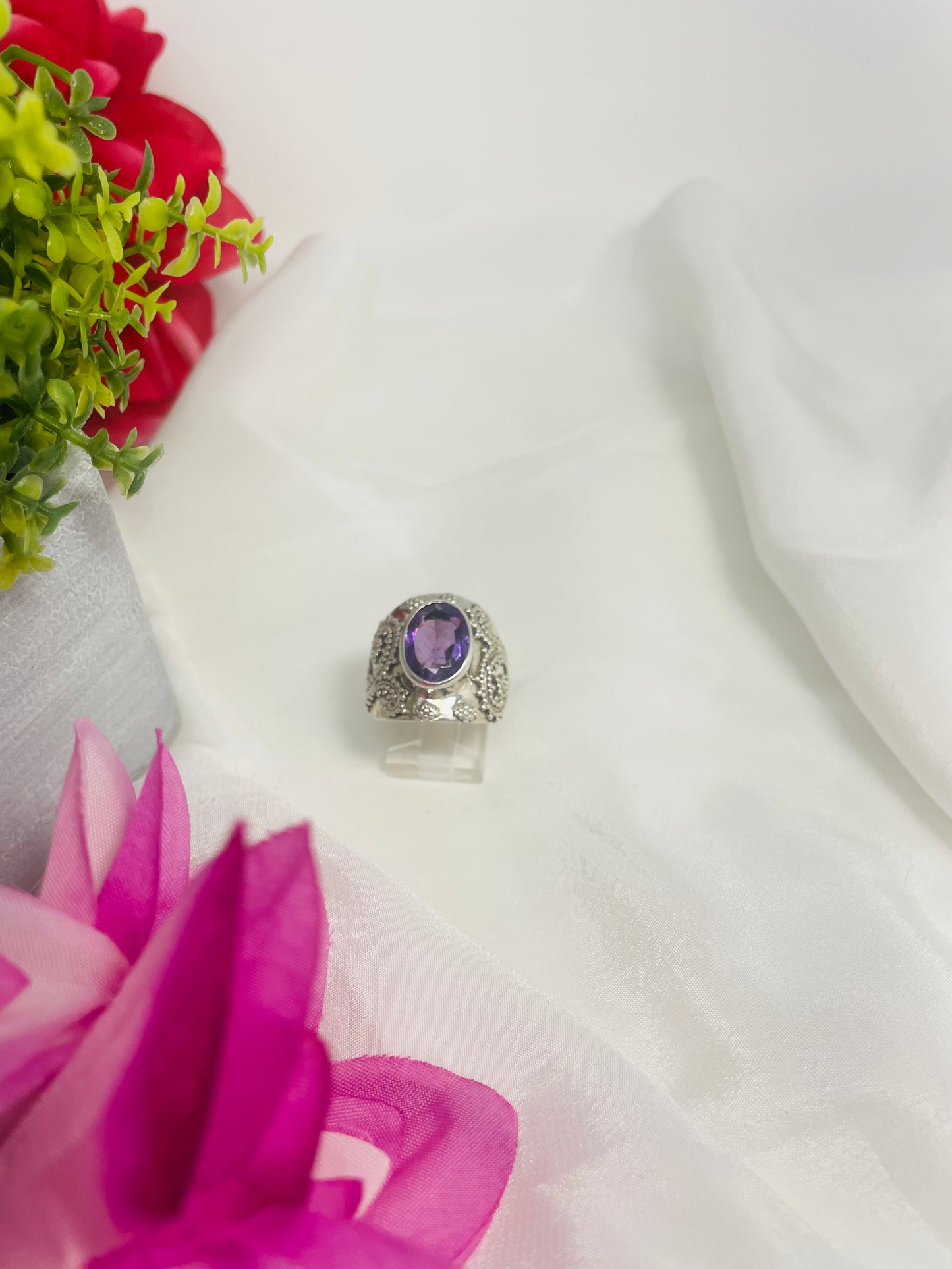 925 Sterling Silver Textured Amethyst Ring