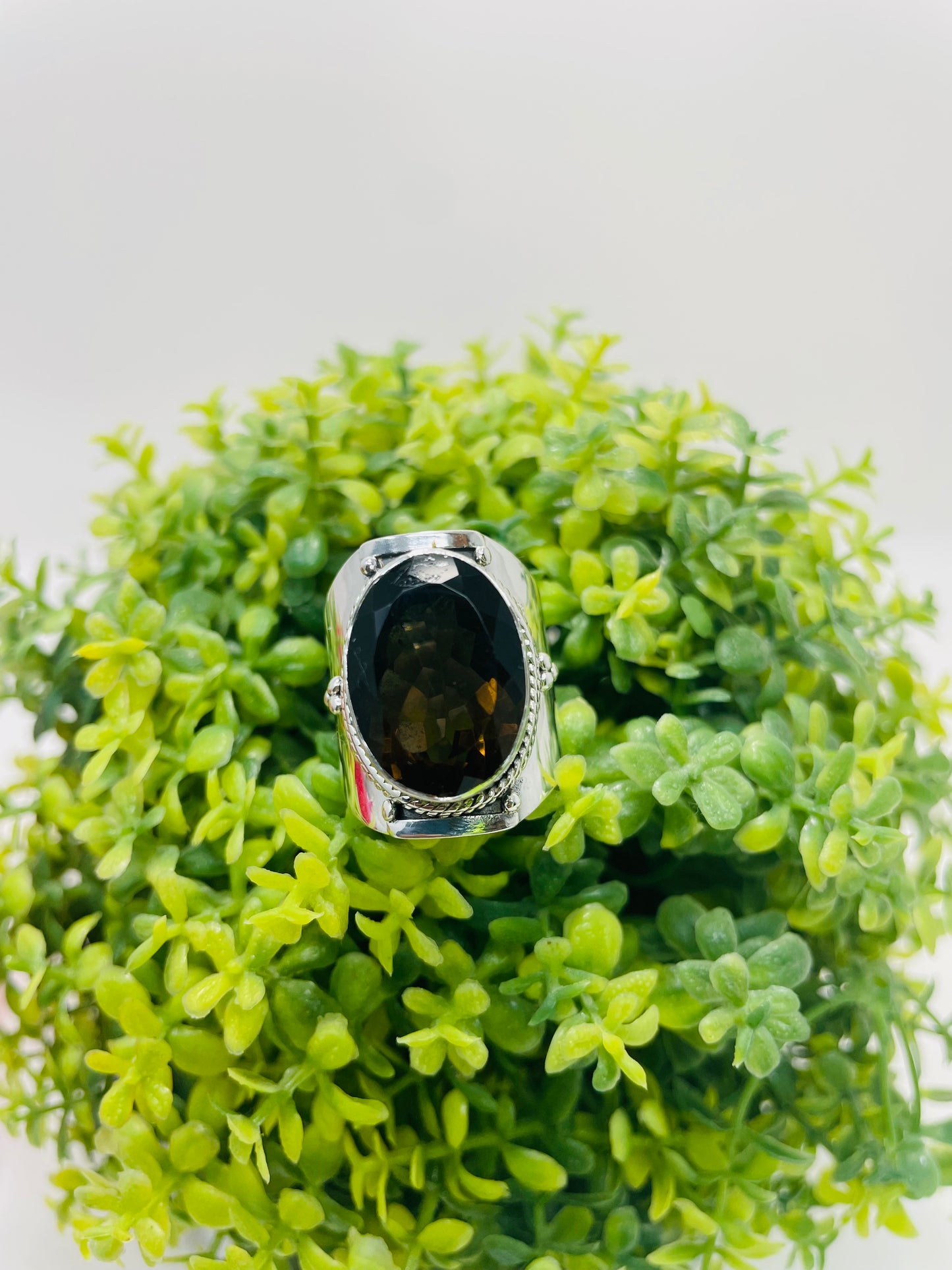 925 Sterling Silver Textured Smoky Quartz Ring