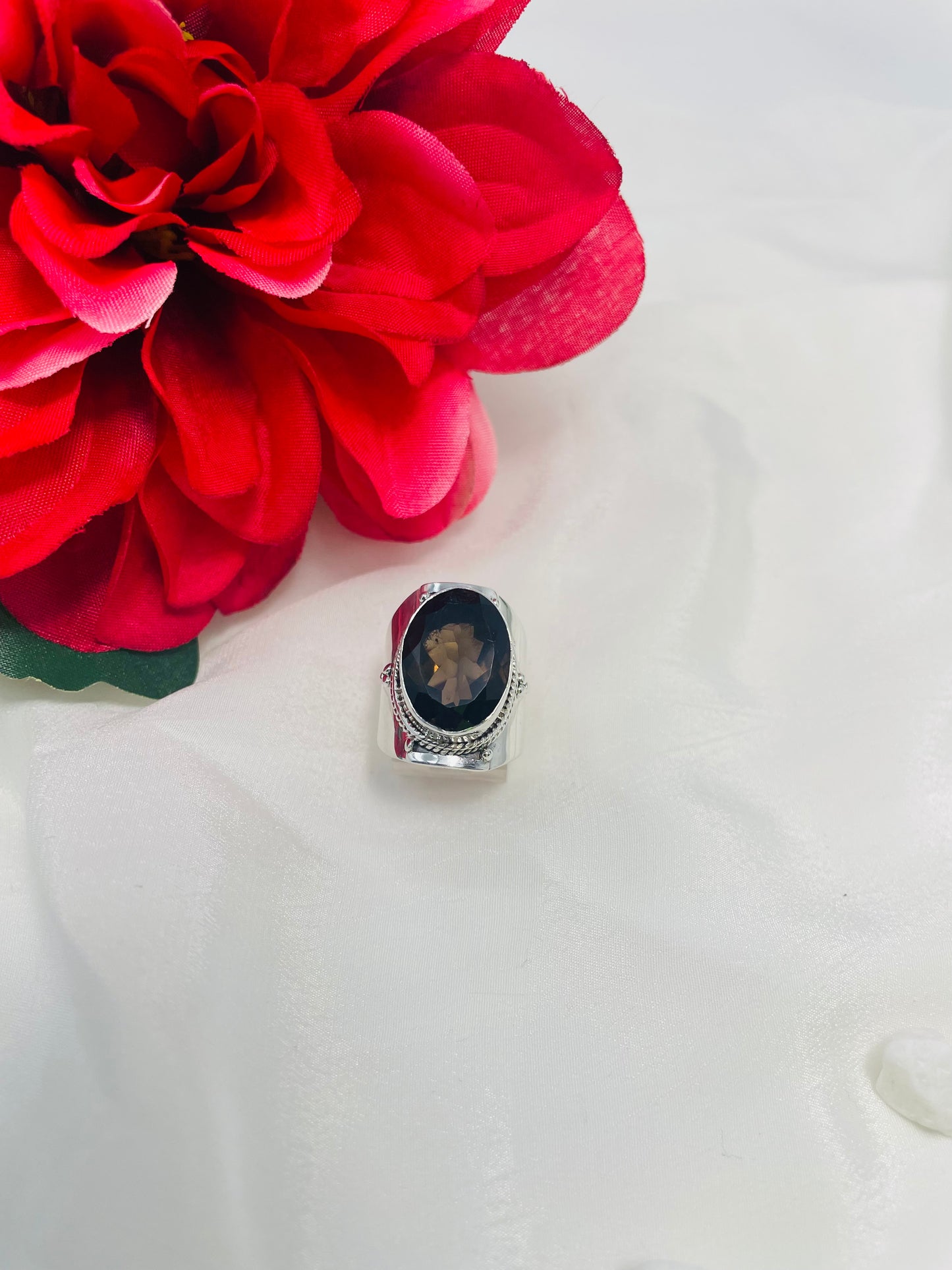 925 Sterling Silver Textured Smoky Quartz Ring